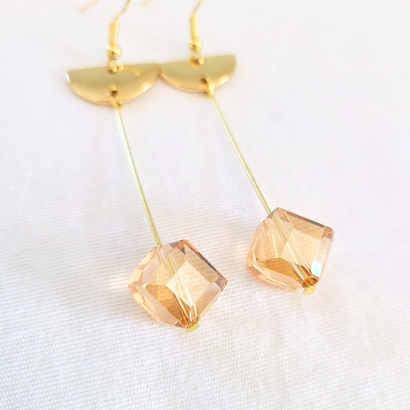 Subtle Delights Handmade Abstract Gold Tone & Cut Glass Cube Dangling Earrings - Picture 3 of 4